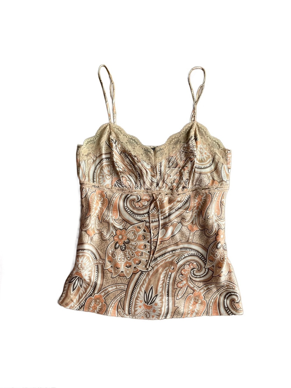 New York & Co Y2K Beige Paisley Silk Satin Babydoll Cami Top Medium